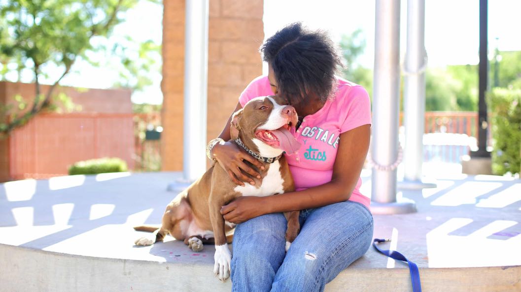 A woman sitting down hugging her brown and white Bulldog