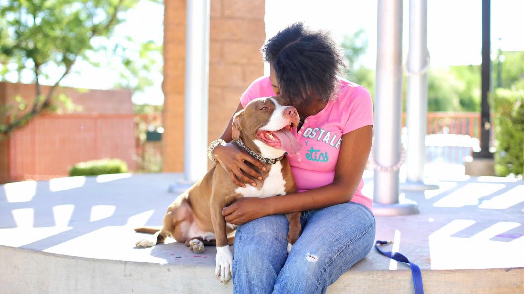 owner with dog on ground